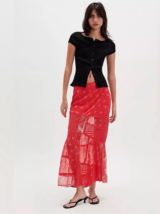 Free People Dresses & Skirts - Free People Daniella Lace Skirt in Poppy Red XS Floral Birds Sheer